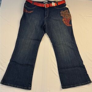 Crest Dark Blue Flare Jeans with Red Embroidery